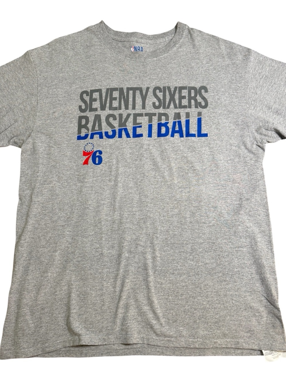 NBA Gray Seventy Sixers Basketball Tee with Blue and Red Logo